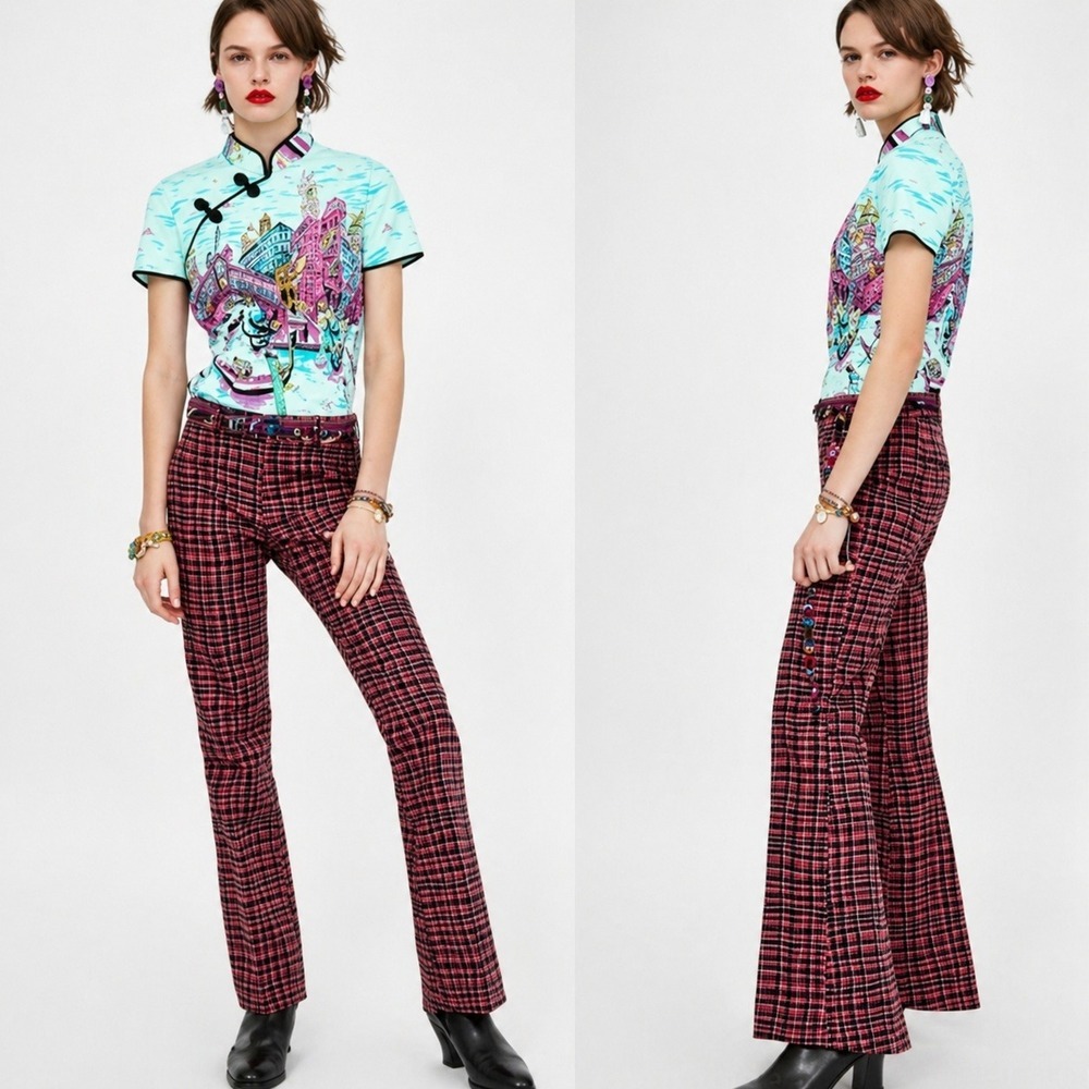 ZARA NEW Studio Pink Plaid Check Ultra Flare Bell Bottom Pants SZ Large Y2K Punk